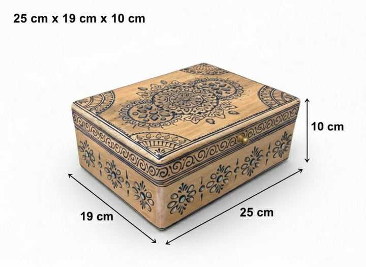 Hand-Painted Indian Mango Wood Jewellery & Keepsake Boxes - Set of 2 (Natural and Blue Ethnic Design)