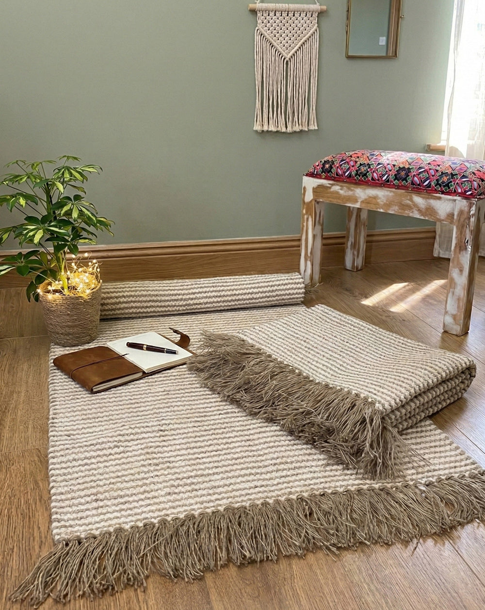 Rug with fringe on a wooden floor in a room with a plant and bench.