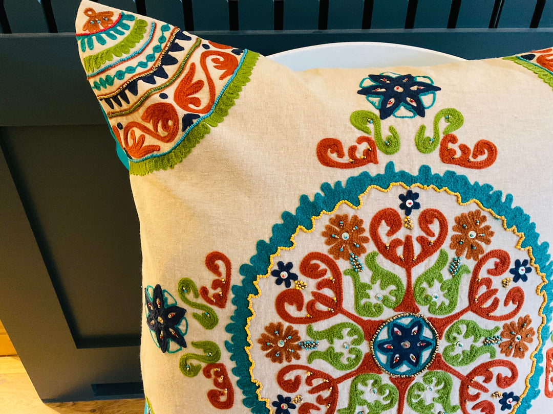 Natural Multi Colour Embroidered Indian Design Cushion Cover 60 cm x 60 cm