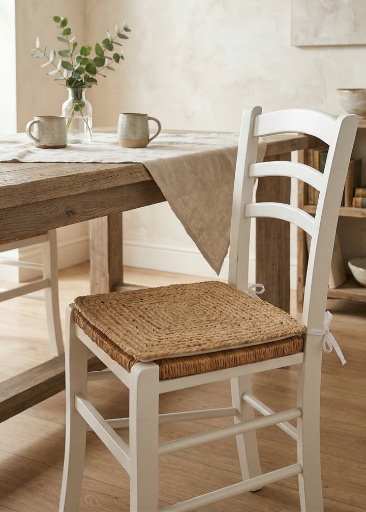 A Natural Jute seat pad with a white chair with a woven seat in a room with a wooden table and decor.