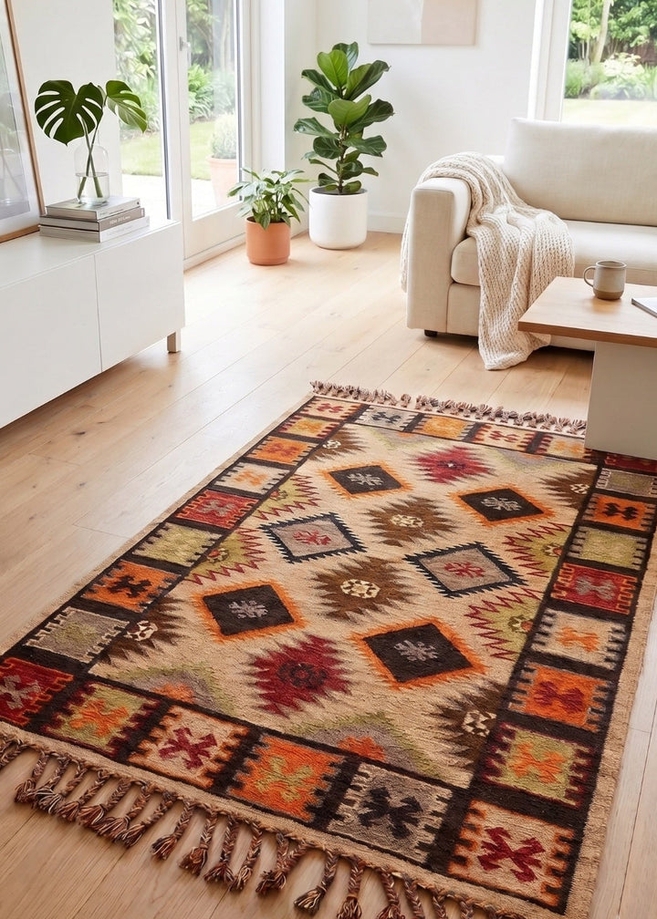 Natural Kilim Area Rug in a modern living room featring a white sofa and picture frame.