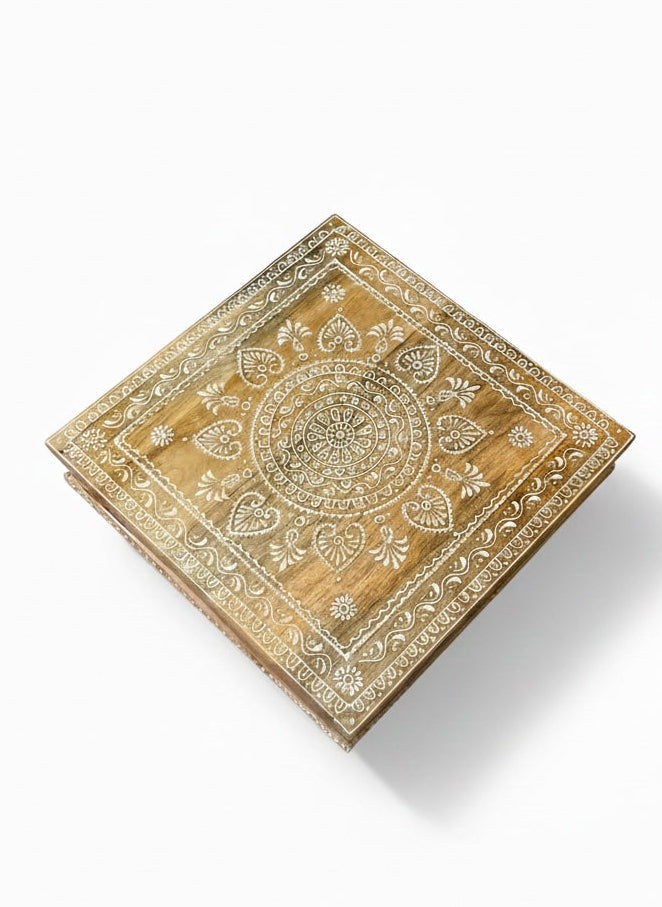 Decorative wooden box with intricate carvings on a white background