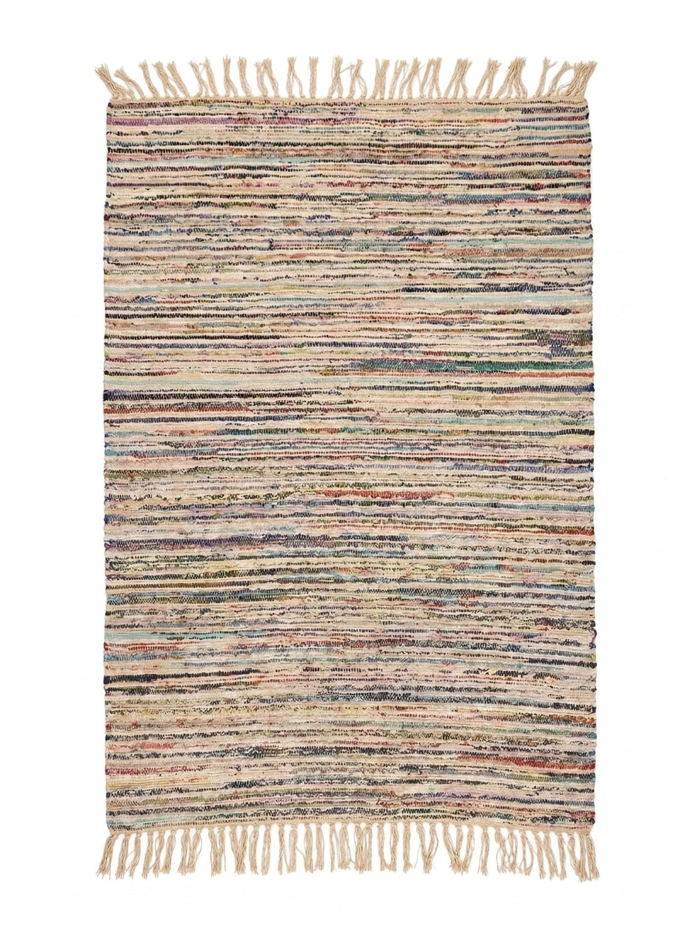 Multicoloured woven rug with fringe on a white background