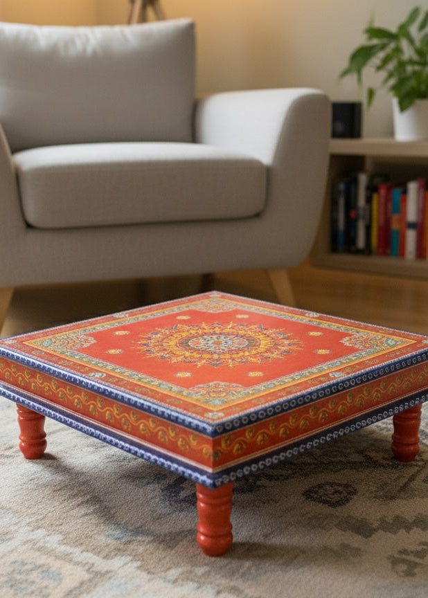 Decorative coffee table with colorful patterns in a living room setting