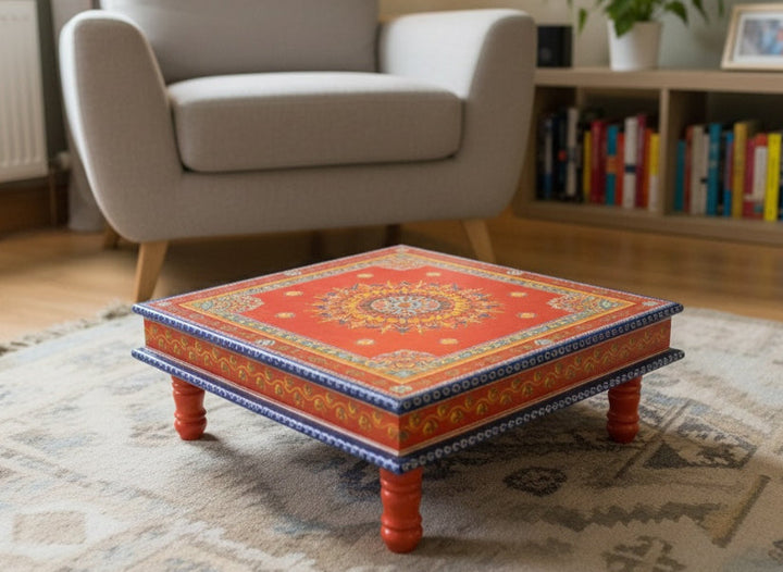Decorative coffee table with colorful patterns in a living room setting