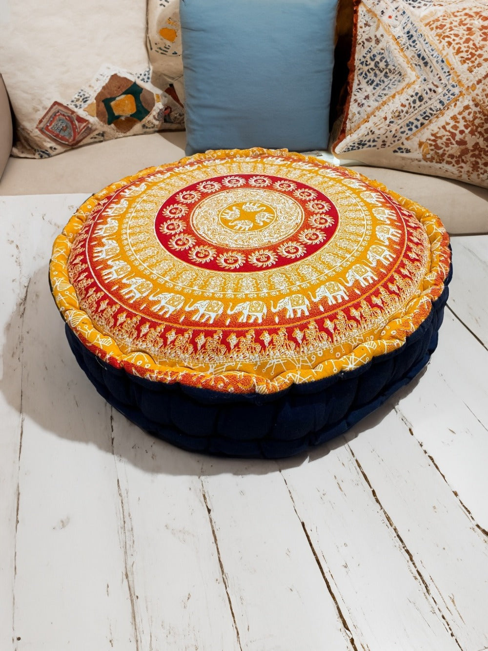 Elephant Yoga Printed Design Cushion Pouffe Floor Cushion Available In Orange, Pink, Blue or Purple