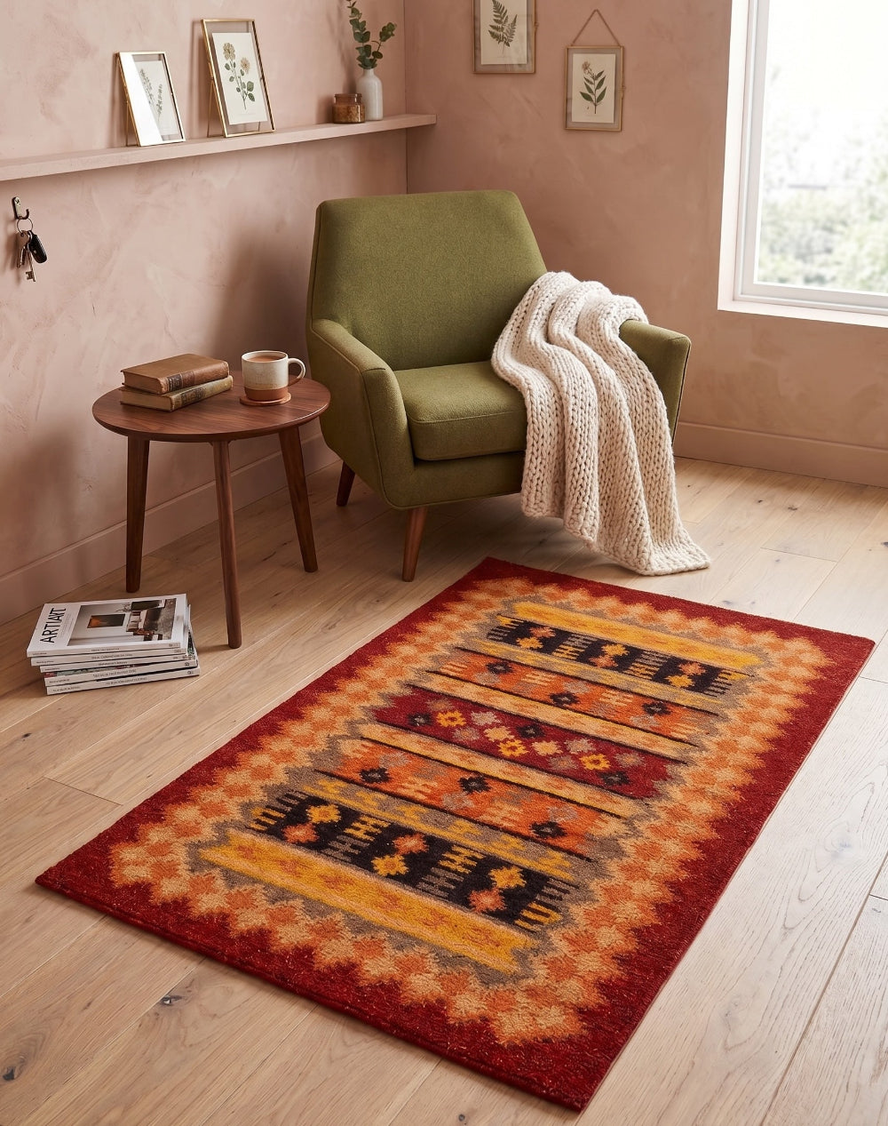 Orange Kilim With Geometric Pattern in a living room and green chair and blanket.