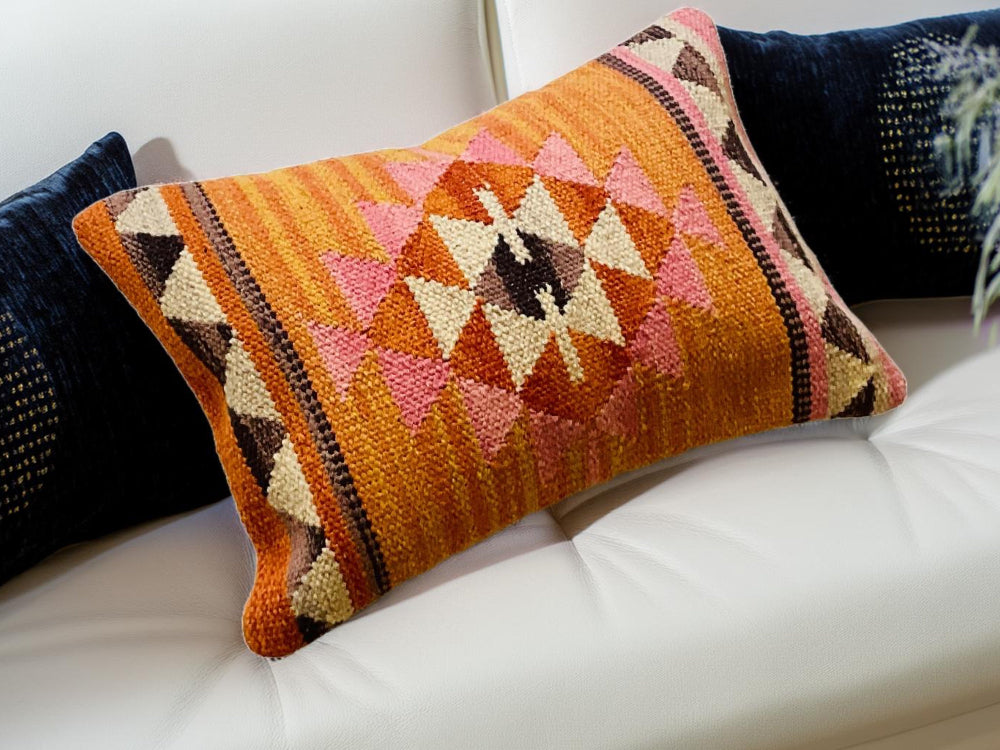 Fine handmade shops wool pillow cover 16”x24” kilim pillow cover orange decorative pillow cover large cushion cover unique pillow 40x60 cm