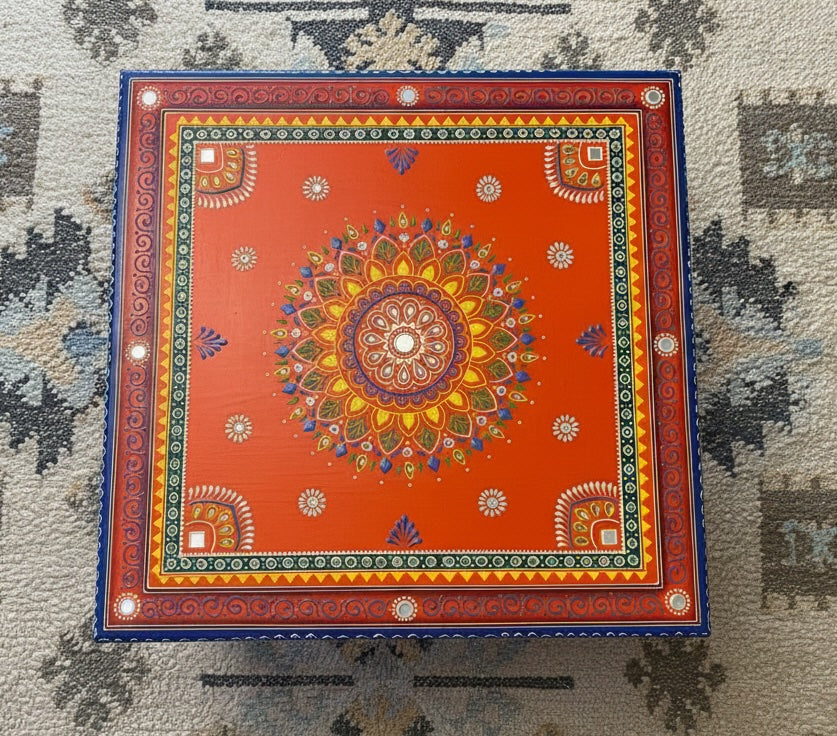 Hand-Painted Orange Indian Bajot Table 46cm Wooden Pooja Chowki & Boho Coffee Table