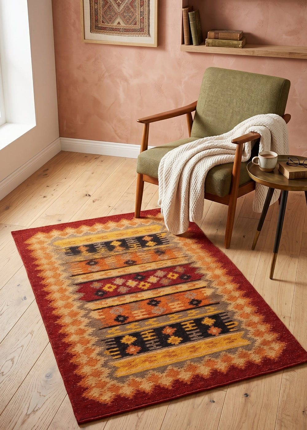 Decorative rug with geometric pattern on wooden floor, chair with blanket, and side table.