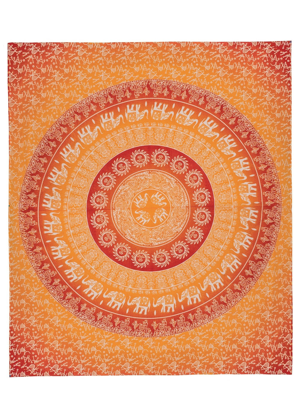 Decorative tapestry with a circular pattern featuring elephants on an orange background