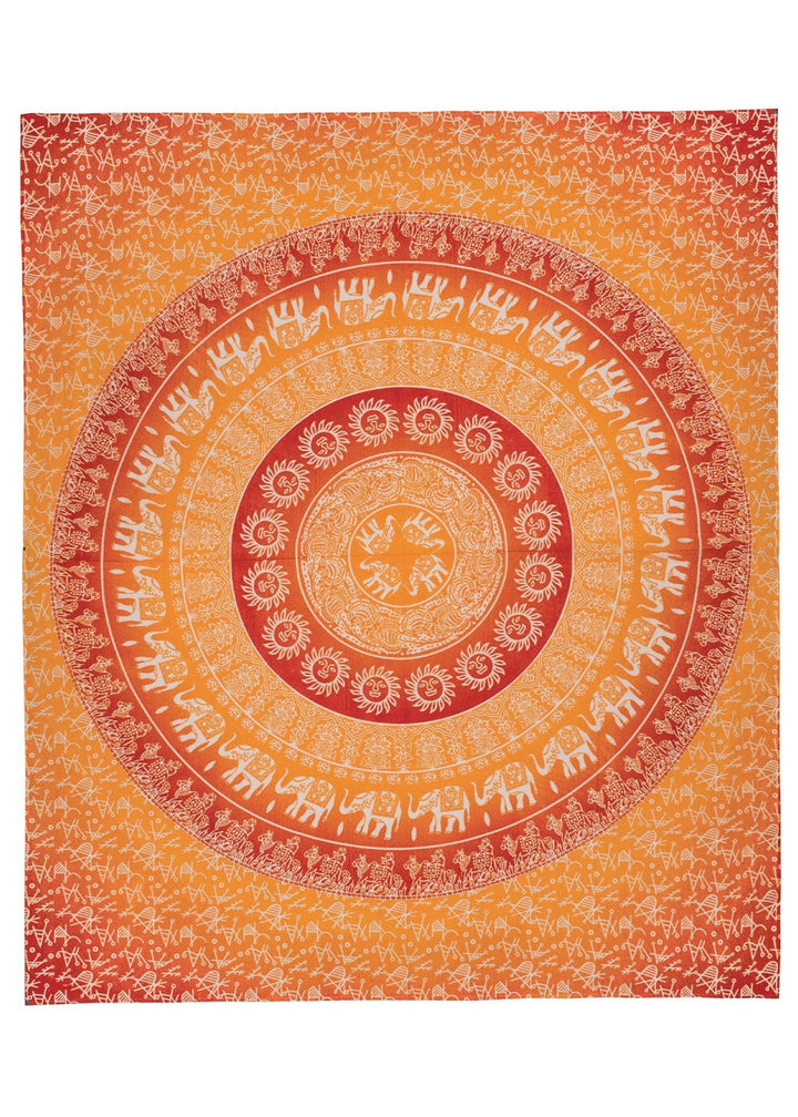 Decorative tapestry with a circular pattern featuring elephants on an orange background