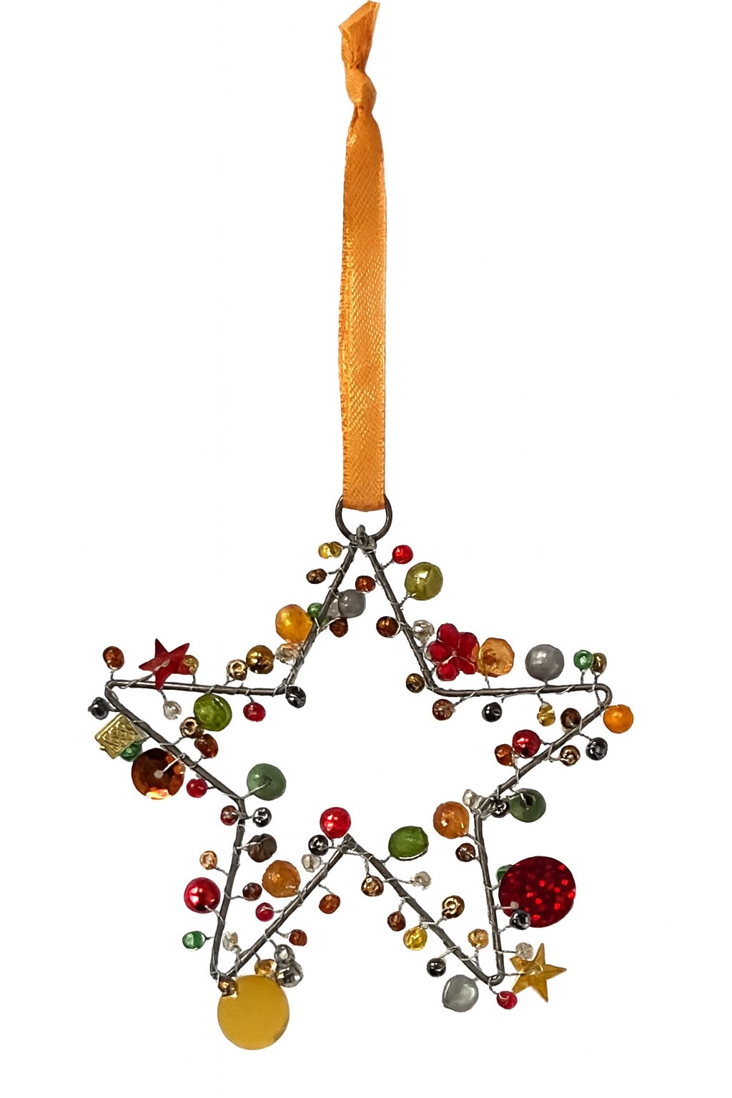 Decorative star ornament with colorful beads and a yellow orange ribbon on a white background