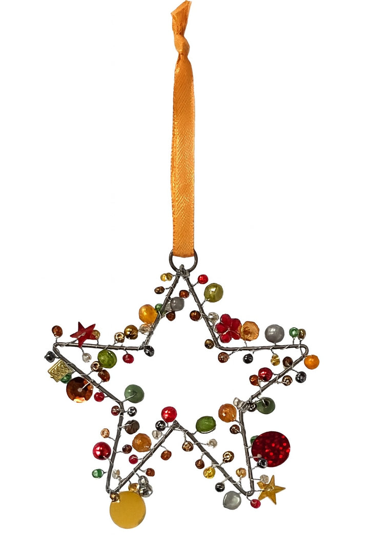 Decorative star ornament with colorful beads and a yellow orange ribbon on a white background