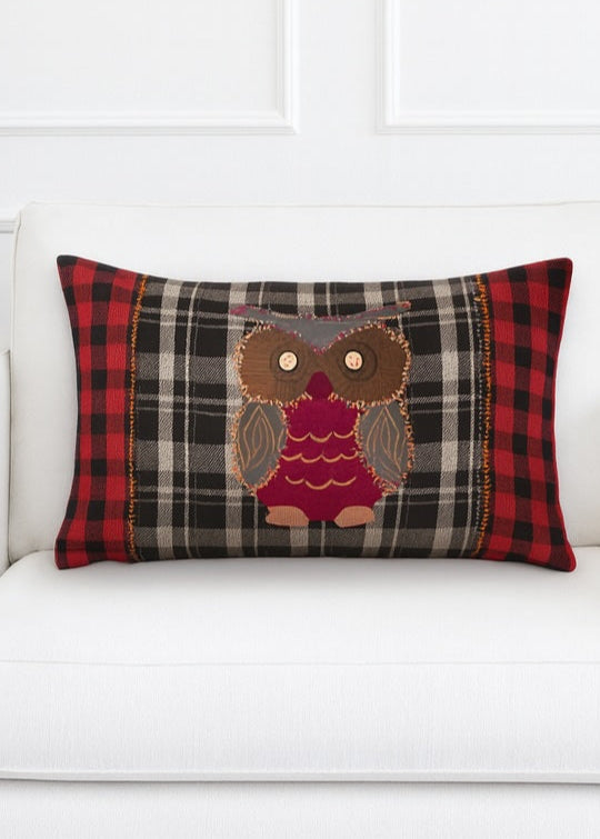 Red and Black Multi Colour Tweed Owl Design Cushion Cover 35 cm x 50 cm