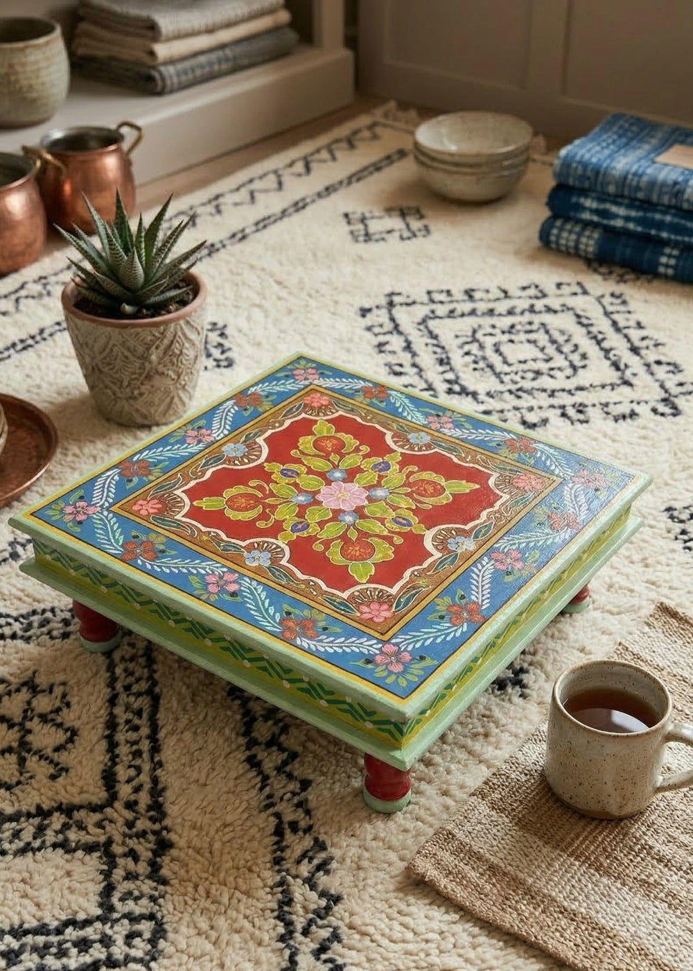Decorative footstool with colourful pattern on a patterned rug with a cup and plant.