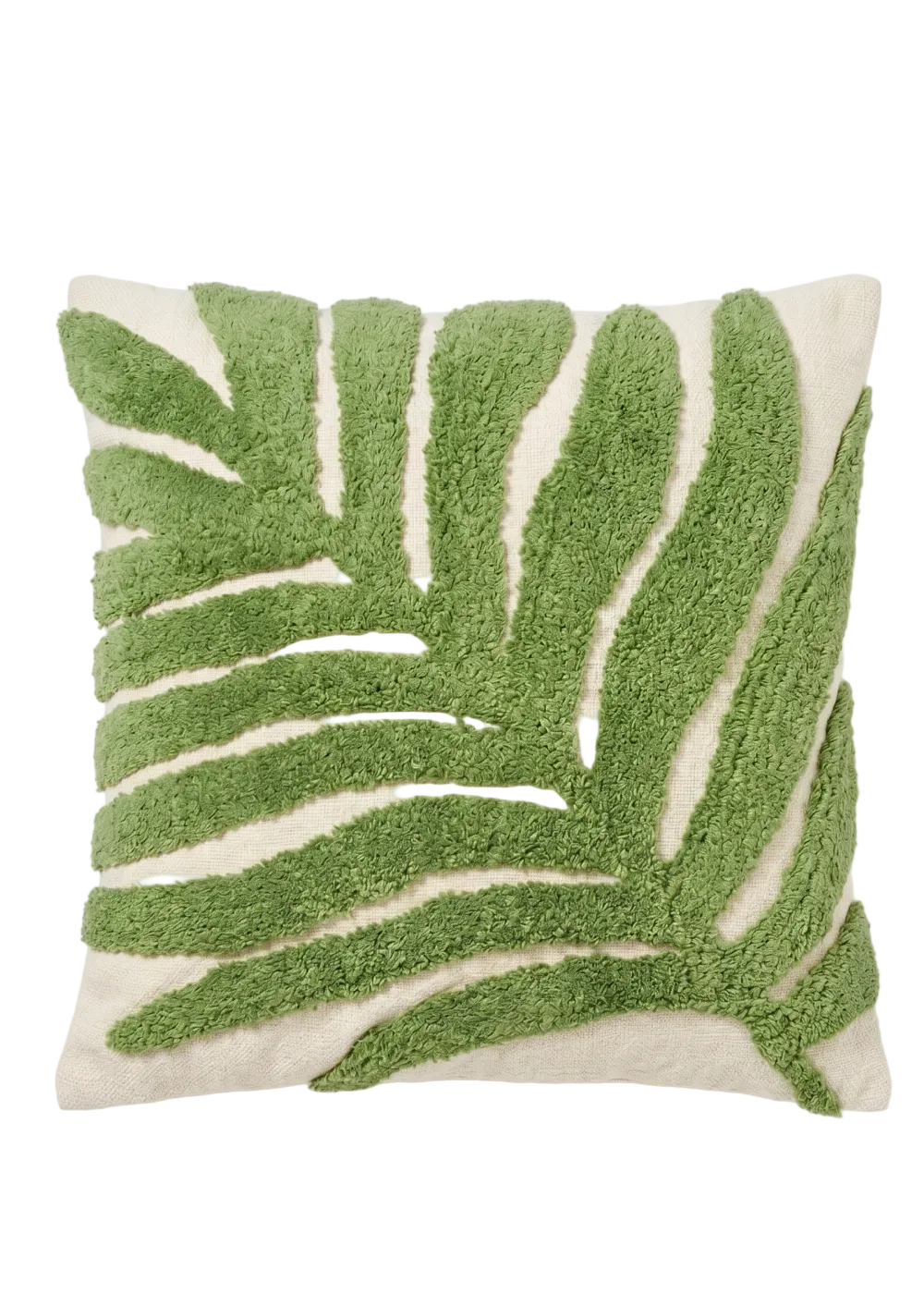 A square throw pillow featuring a raised green palm leaf pattern on a cream-colored background, photographed against a clean white studio backdrop.