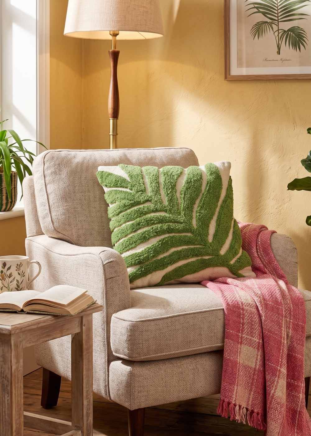 A cosy living room scene featuring a light beige armchair with a green and white palm leaf throw pillow and a pink plaid throw blanket. A wooden side table with an open book and a mug sits next to the chair, with a floor lamp, framed botanical art, and a potted fiddle-leaf fig plant against a textured yellow wall.