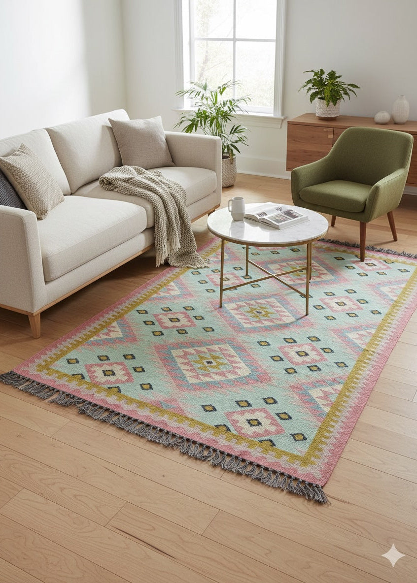 Pastel Blue Geometric Rug in a modern living room with table, sofa and chair.