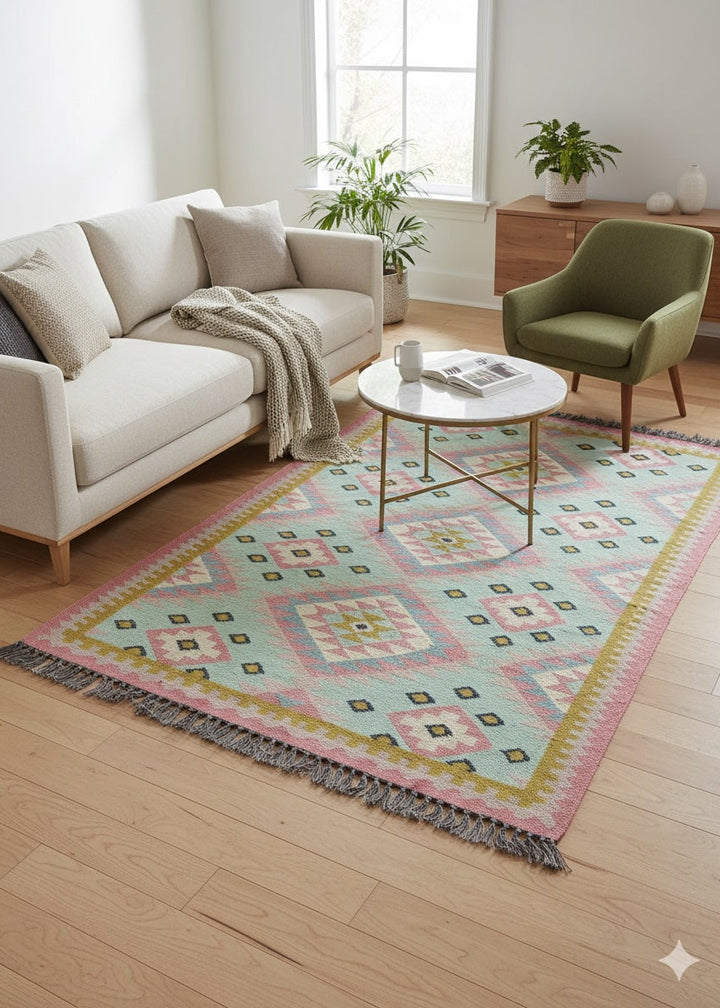 Pastel Blue Geometric Rug in a modern living room with table, sofa and chair.