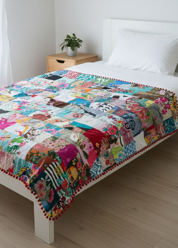 Handmade Large Recycled Cotton Patchwork Throw 152 x 177 cm Luxury Indian Kantha Blanket