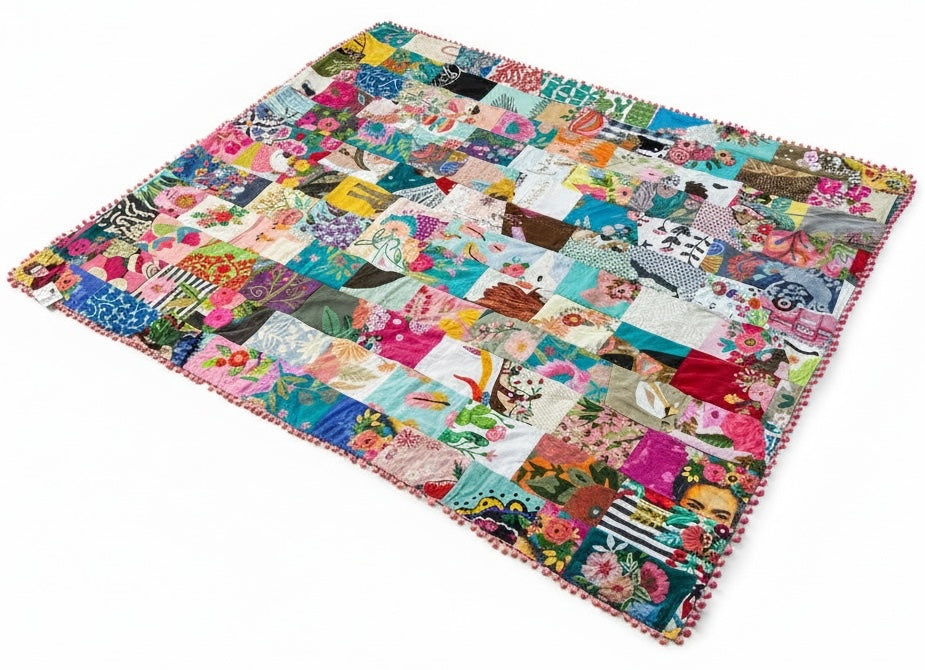 Handmade Large Recycled Cotton Patchwork Throw 152 x 177 cm Luxury Indian Kantha Blanket