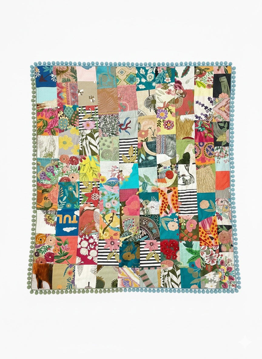 Colourful patchwork quilt with floral and animal patterns on a white background