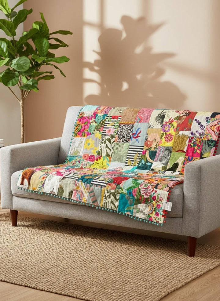Sofa with a colourful patchwork quilt in a living room setting
