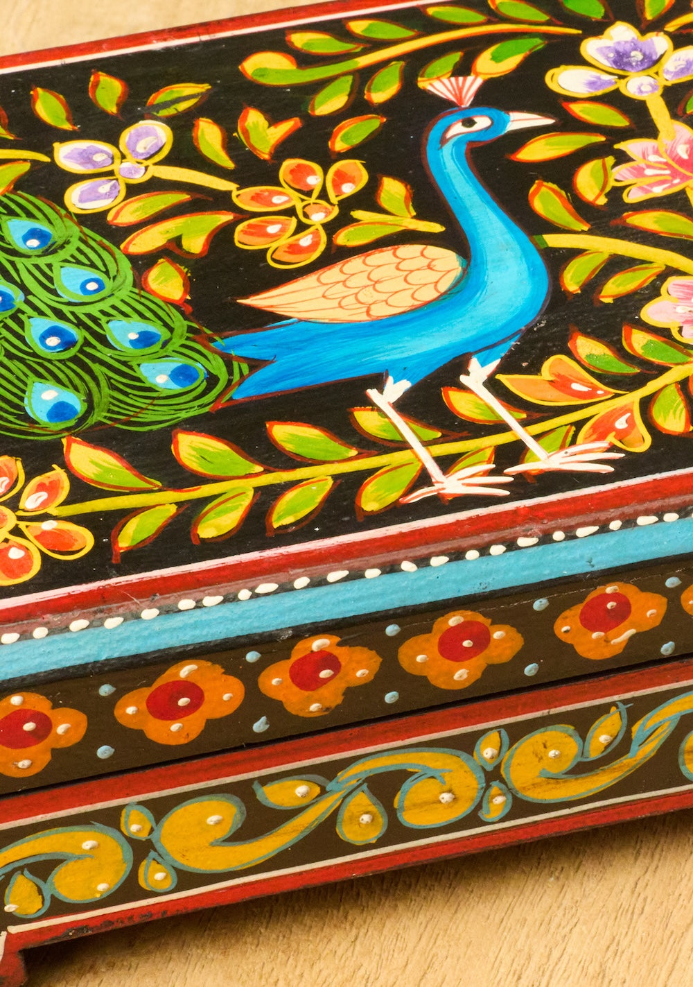 Peacock Wooden Box Indian Hand Painted Design for Jewellery or Trinkets