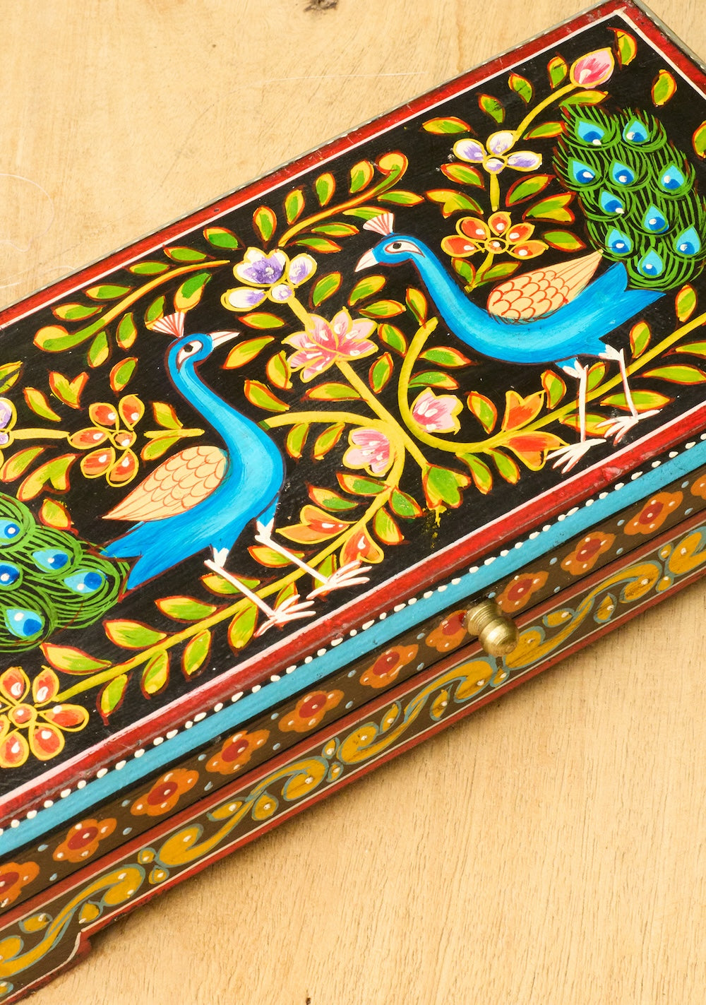 Peacock Wooden Box Indian Hand Painted Design for Jewellery or Trinkets