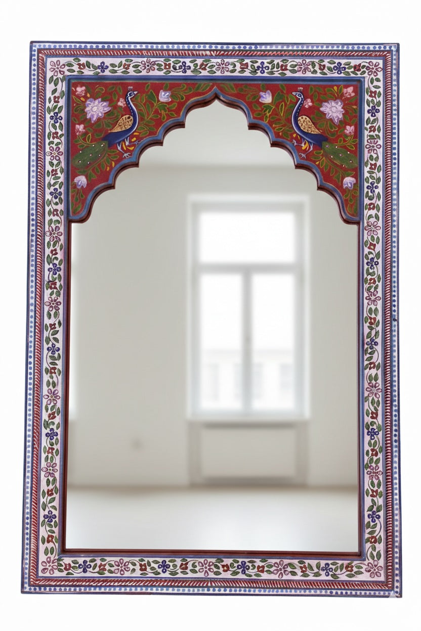 Peacock Hand Painted Indian Mirror on a White Wall