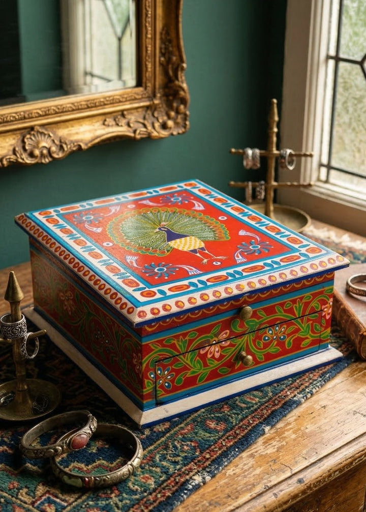 Indian Peacock Jewellery Box on a desk in a bedroom.