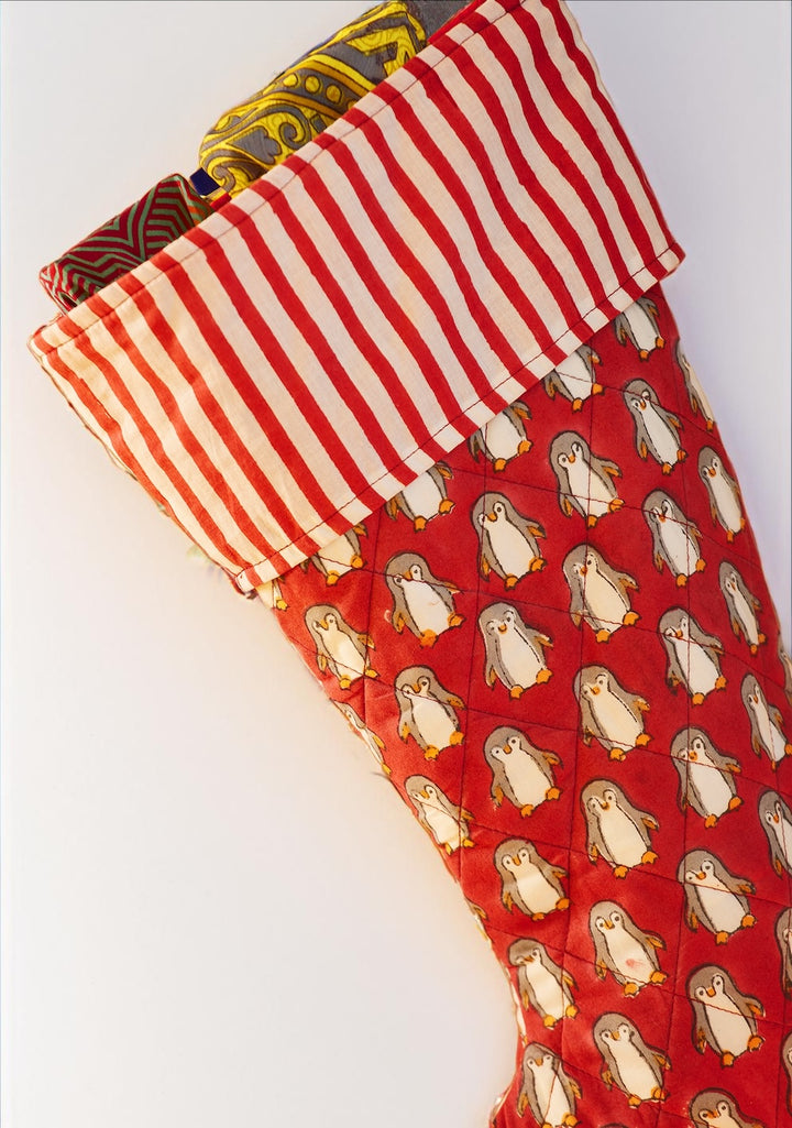 Penguin Block Print Christmas Stocking Xmas Decoration