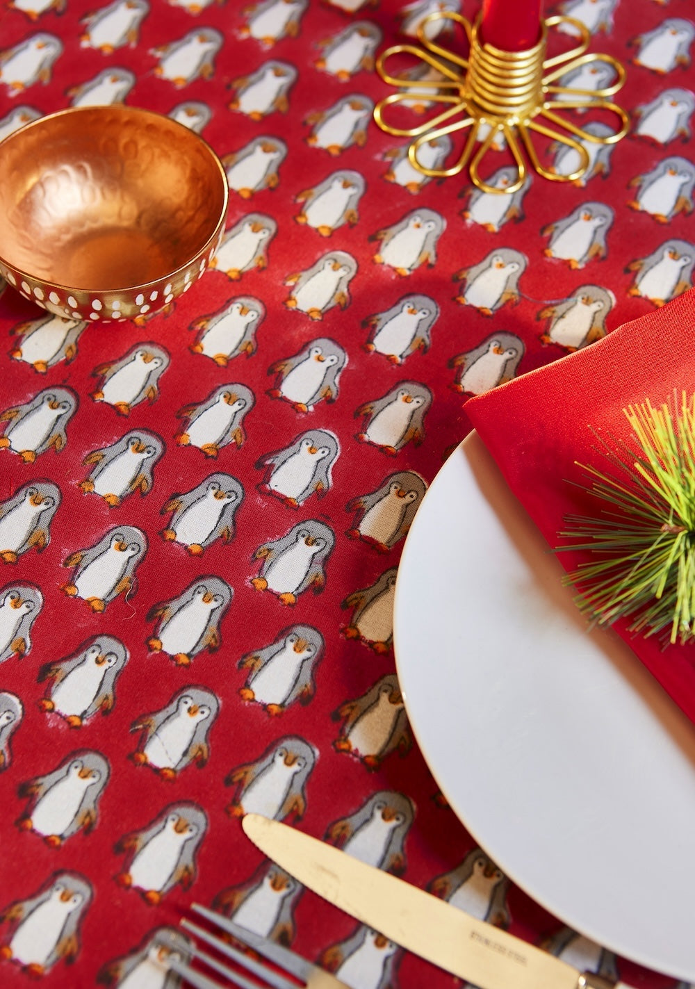 Red Cotton Block Print Penguin Tablecloth 125 cm x 220 cm