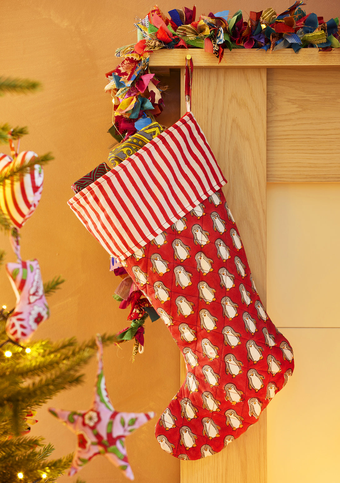 Penguin Xmas Stocking Above Fireplace Second Nature Online