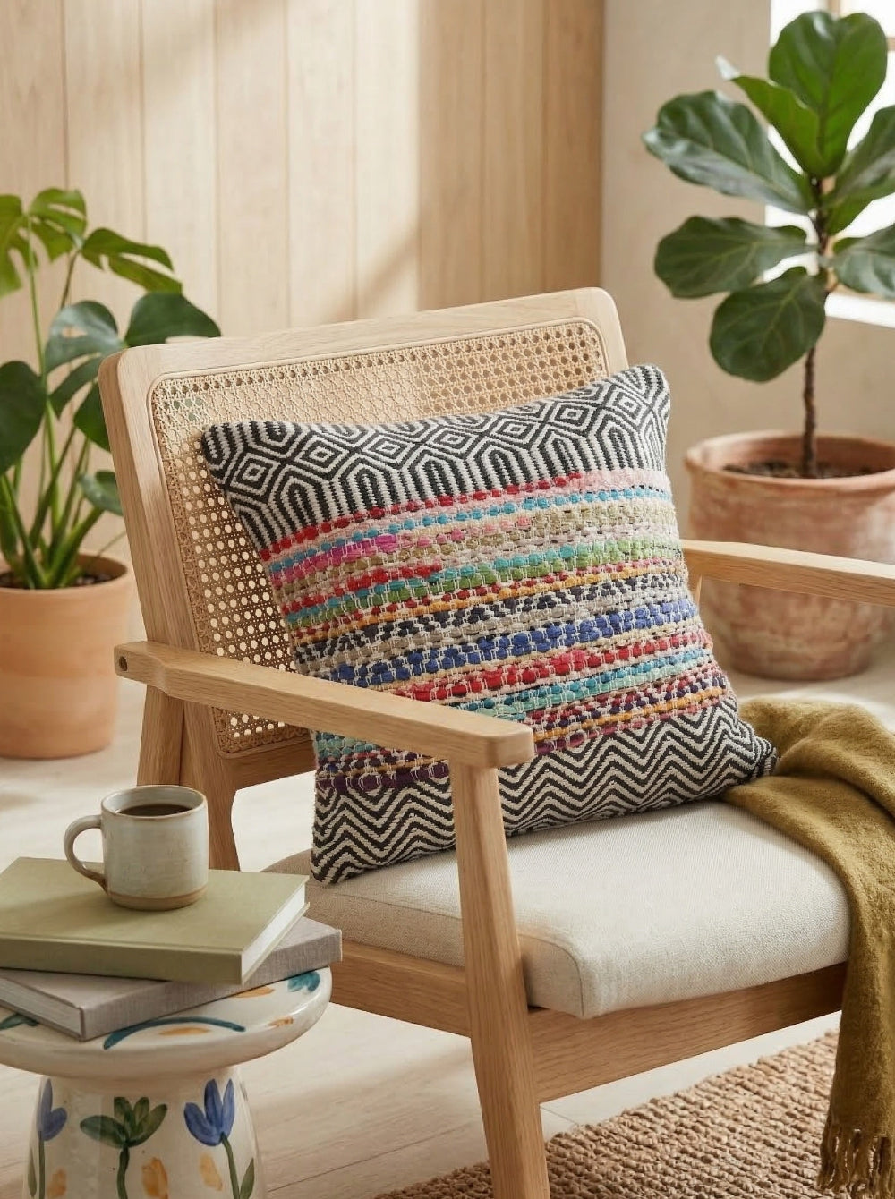 Rainbow Black and White Cushion on a Chair and throw