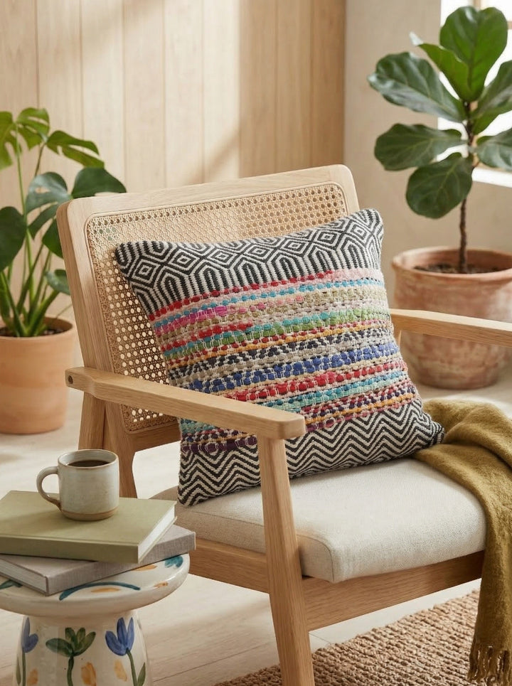 Rainbow Black and White Cushion on a Chair and throw