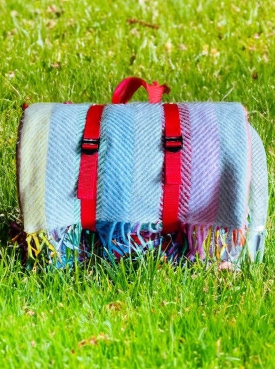 The Meadow Picnic Rug:  Rainbow Grey Stripe Soft, Waterproof, & Easy to Carry