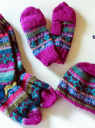 Pink Purple Woollen Hat Gloves and Socks