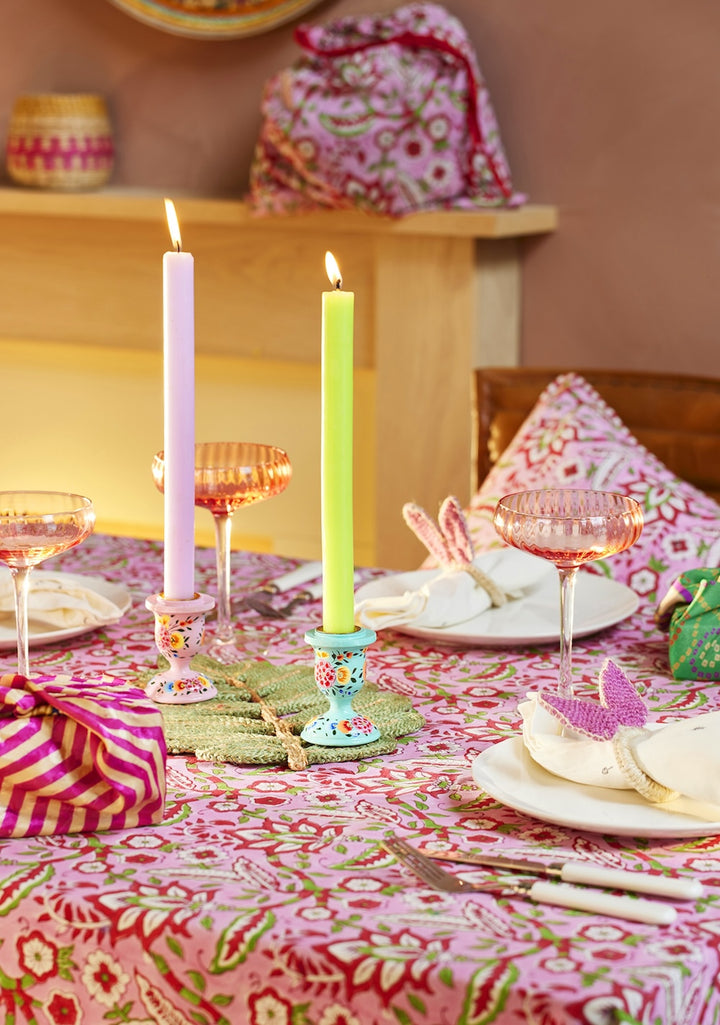 Pink Tablecloth Cotton Block Print Table Cover 125 cm x 220 cm Floral Pattern