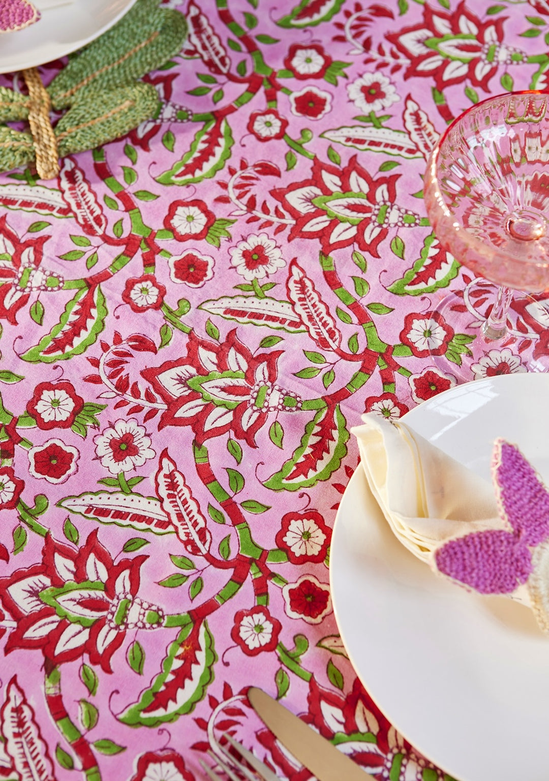 Pink Tablecloth Cotton Block Print Table Cover 125 cm x 220 cm Floral Pattern