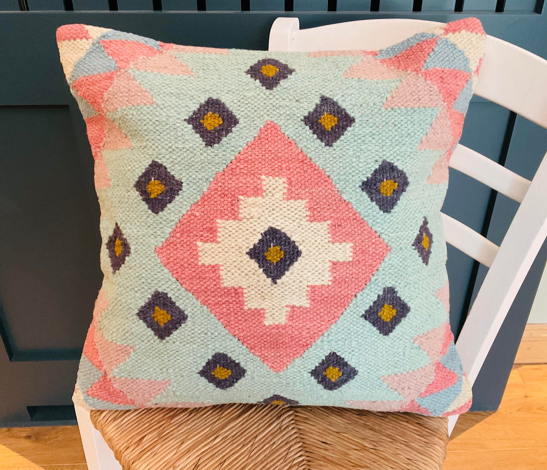 Pink Grey and Blue Pastel Geometric Wool Kilim Cushion Covers Design B 50 cm x 50 cm