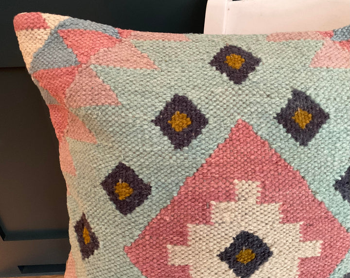 Pink Grey and Blue Pastel Geometric Wool Kilim Cushion Covers Design B 50 cm x 50 cm