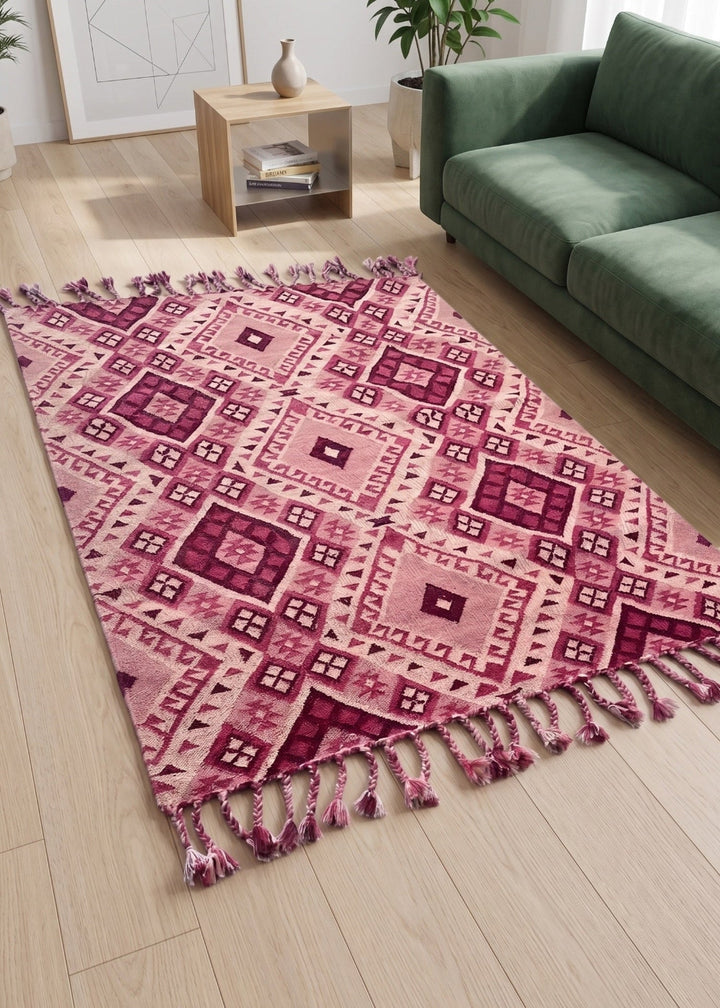 Pink Diamond Rug With a green sofa and plant.