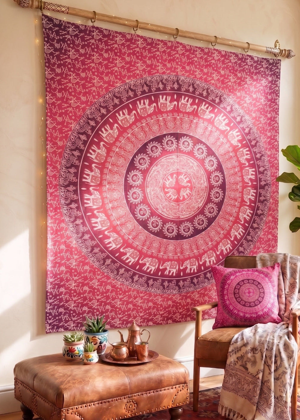 Pink Cotton Elephant Wall Hanging With a chair cushion and stool