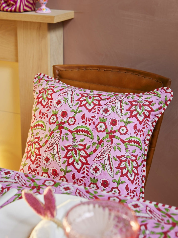 Pink Floral Cotton Block Print Cushion Cover 45 cm x 45 cm