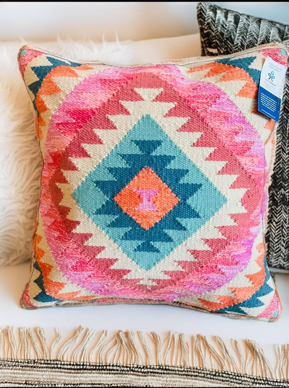 Pink Diamond Multi Colour PET Hand Loomed Kilim Cushion Cover 50 cm x 50 cm