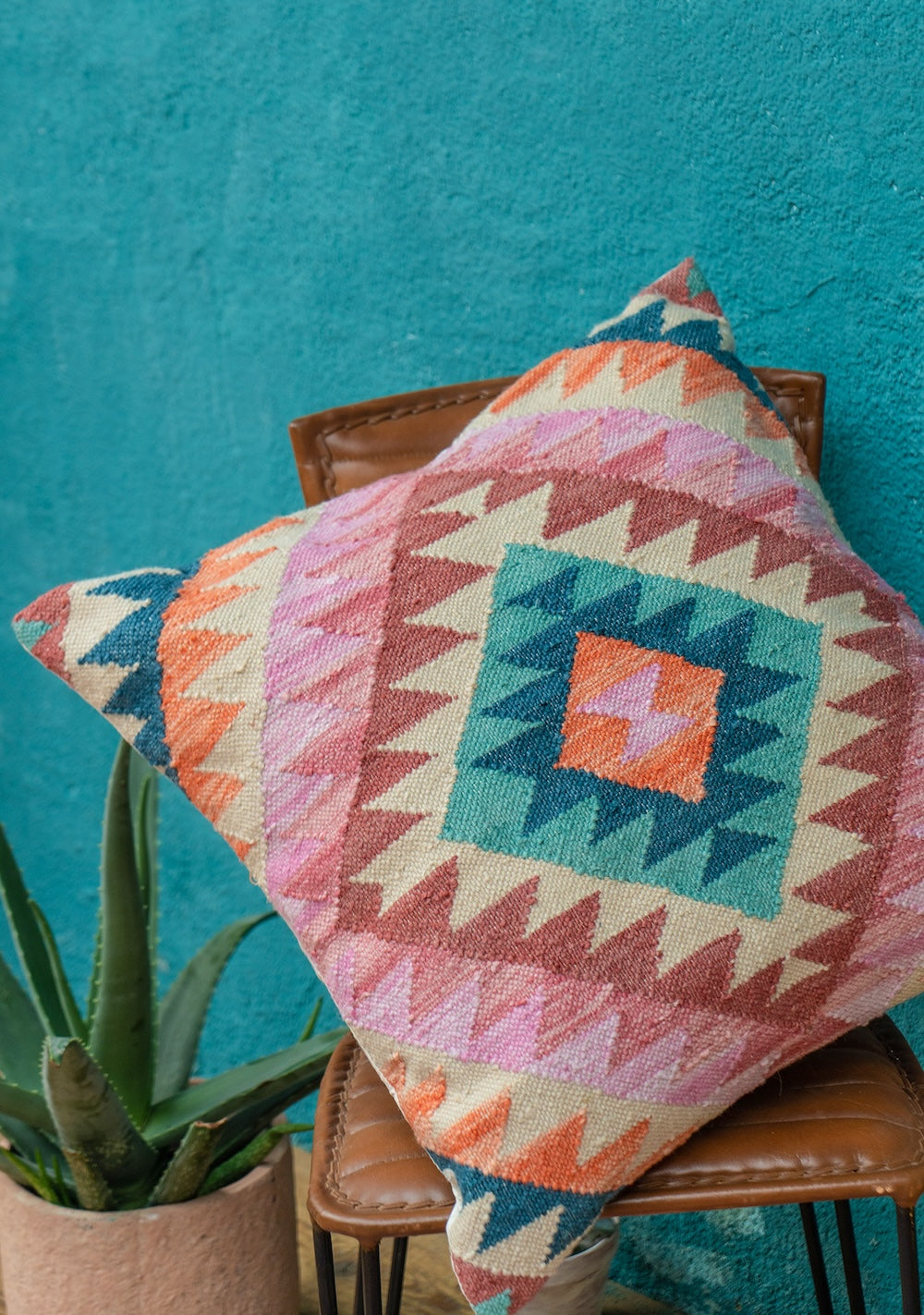 Pink Diamond Multi Colour PET Hand Loomed Kilim Cushion Cover 50 cm x 50 cm