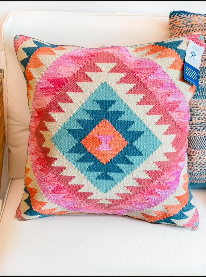 Pink Diamond Multi Colour PET Hand Loomed Kilim Cushion Cover 50 cm x 50 cm