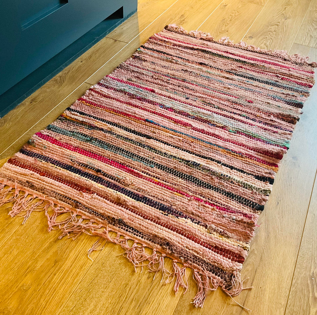 Recycled Overdyed Cotton Pink Peach Multi Colours Rag Rug 2 Sizes Available